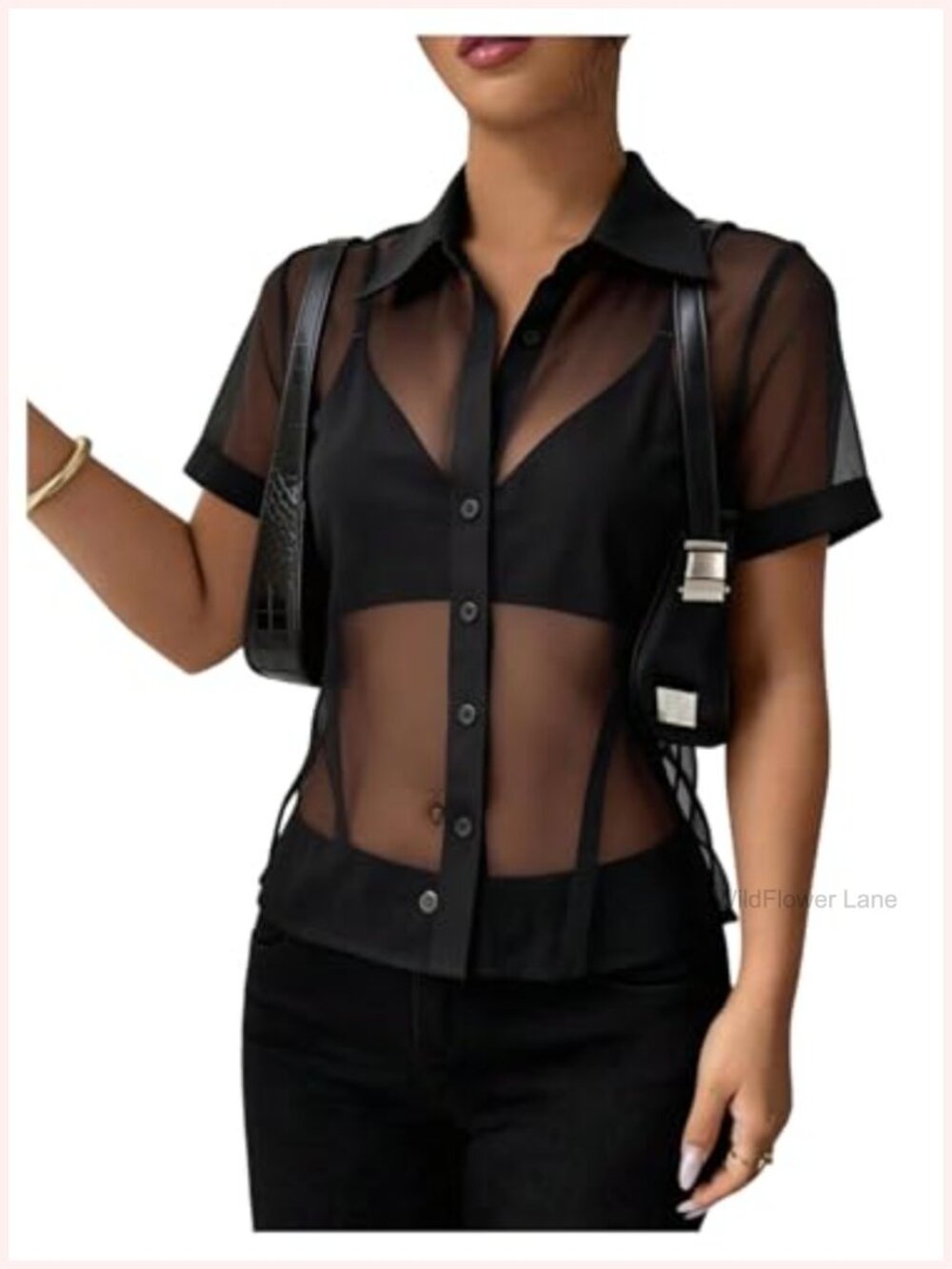 Sheer Mesh Button Up Blouse Sexy Going Out Top Short Sleeve